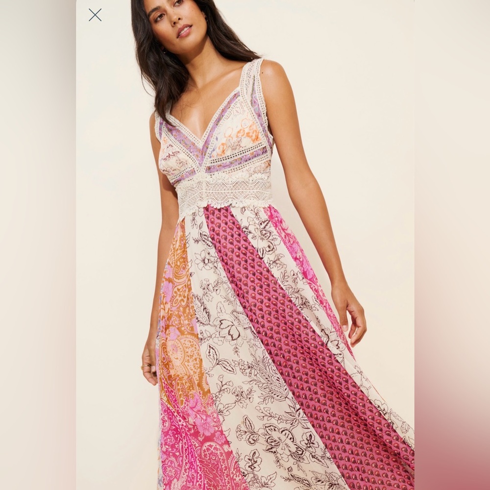 Anthropologie Sleeveless V Neck Patchwork Boho Maxi dress in pink combo, size 12